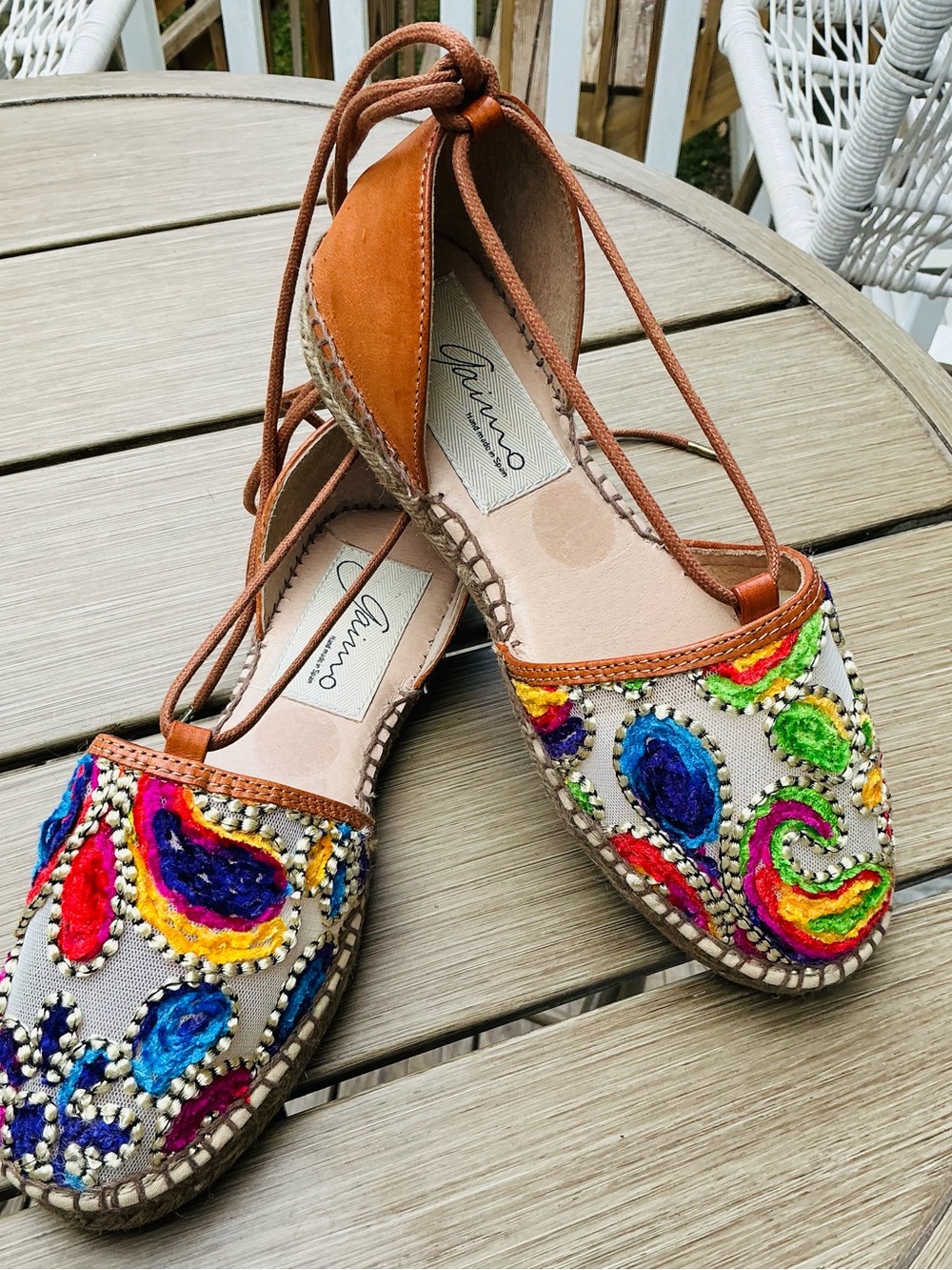 Gaimo Spain Boho Summer Embroidered Espadrille Ankle Tie Sandal Woman SZ 6.5-7